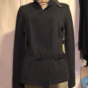 Grey Merino Wool Sweater with a tab and buckle